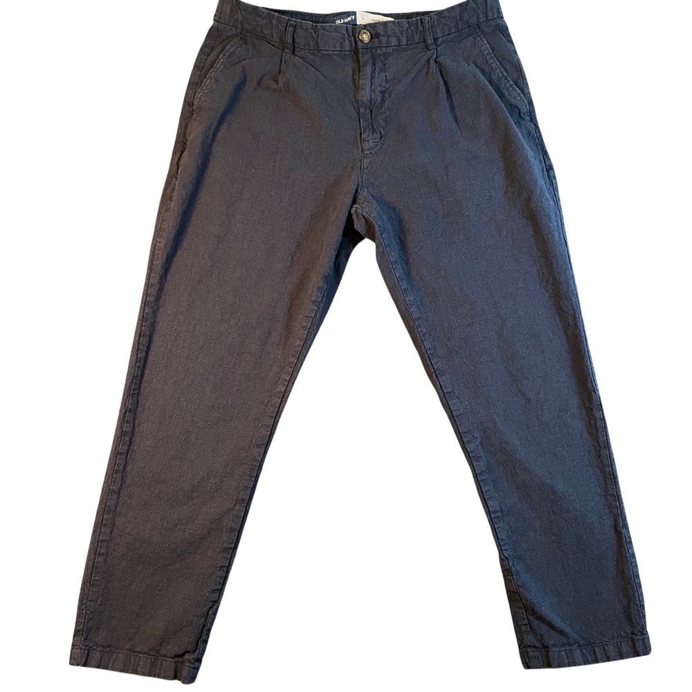 Old Navy Pants Men L Blue Linen Blend Loose Taper Pleated Pockets Casual‎